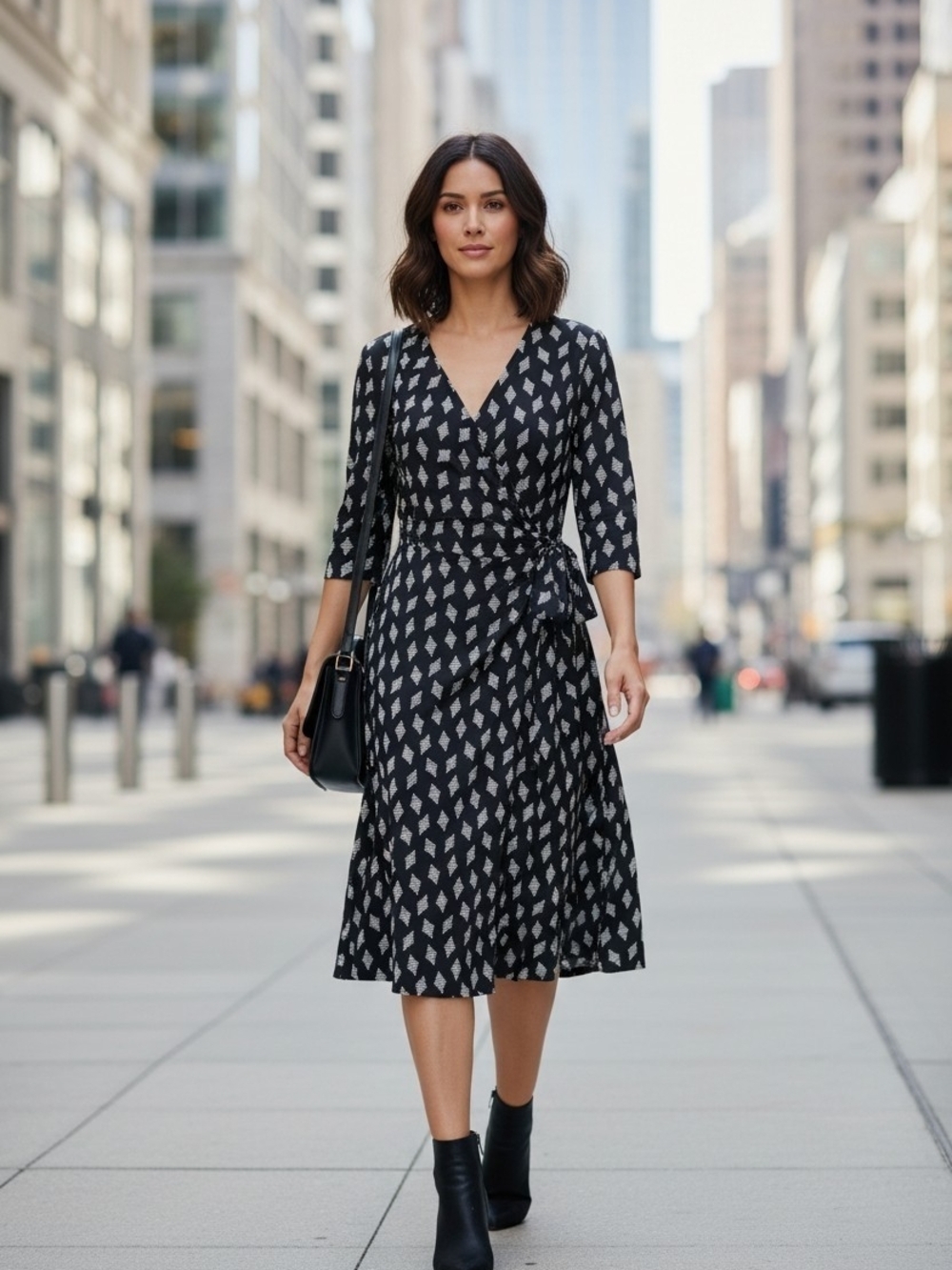Anne Klein Chic Stylish Black Wrap Midi Dress W/ White Geometric Print Sz 6